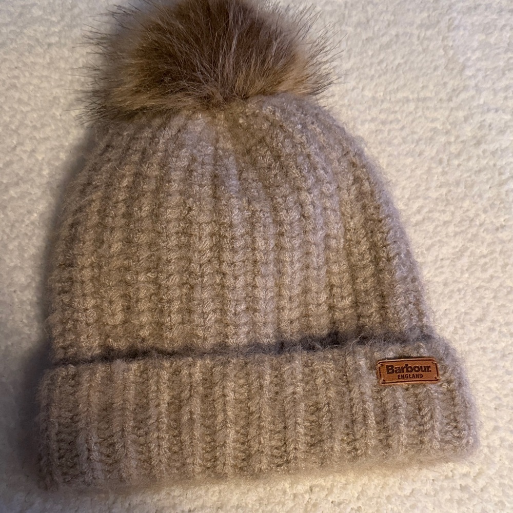 Barbour Tan Knit Beanie with Pom-Pom